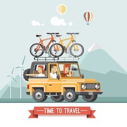 vector travel car with top luggage carrier and bicycles. mountain bikes and cyclists. off-road suv vehicle fully equipped for expedition.