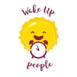 wake up poster with funny sun and alarm clock. vector illustration.