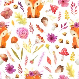 seamless pattern with watercolor forest cute fox, flowers, mushrooms, fall leaves, red ripe berries and branches. autumn forest floral decorative background