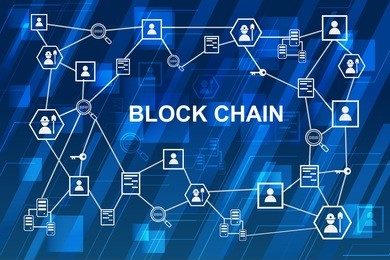 blockchain network concept , distributed ledger technology , miner, key, security, block chain text and computer connection with blue digital background
