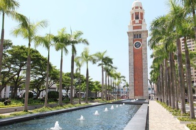 the historic clock tower and fountain in tsim sha tsui, landmark of hong kong