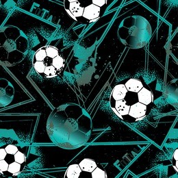 abstract seamless football pattern for boys, textile, clothes. grunge urban repeated backdrop with silhouette of shabby ball, text, curved lines, spray paint ink. sport monochrome wallpaper.