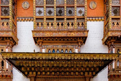 beautiful painting and woodwork at punakha dzong, bhutan, may 2014