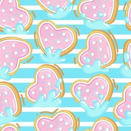 vector seamless pattern of cookies in milk. sweet heart-shaped cookies on a background of white strips.