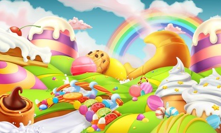 sweet landscape. candy land. candies and milk river 3d vector background
