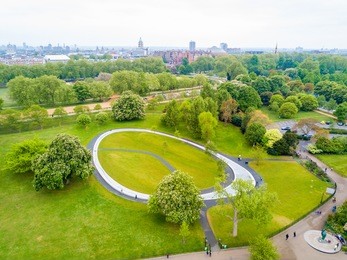 aerial view of the princess diana memorial in the hyde park in london from above.