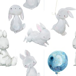 seamless pattern with cute watercolor white hares