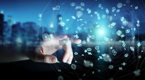 businessman on blurred background using flying network connection interface 3d rendering