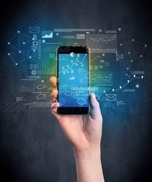 caucasian hand in business suit holding a smartphone