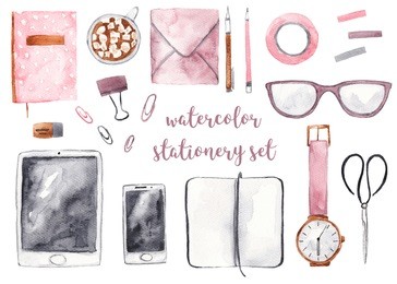 office business stationery set. notebook, tablet, glasses, coffee cup, envelope, pen, pencil. watercolor illustration on white isolated background