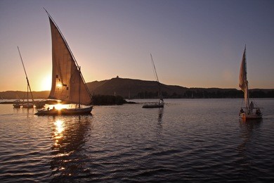 felucca sailing on the nile river in aswan, egypt