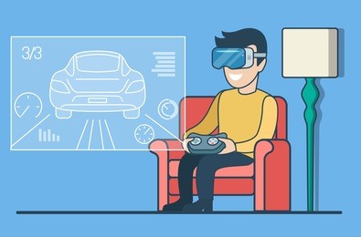 flat man in reality vr glasses sitting and playing race game on virtual screen vector illustration. online gaming concept.