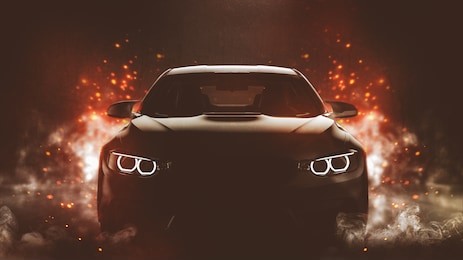 generic black sports car performing burnout start - conceptual (with grunge overlay) - 3d illustration