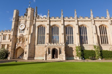 the inner courtyard of trinity college in cambridge, uk.