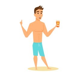 men in shorts shows sunscreen. happy guy on beach in swimsuit holding sunblock cream. cartoon summer male character with lotion bottle isolated on white