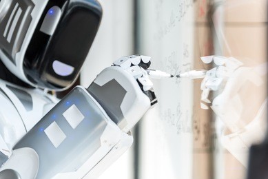 smart robot is standing against transparent board