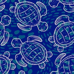 marine vector seamless pattern. illustration tropical turtle in blue