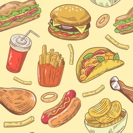 fast food hand drawn seamless pattern with burger, chicken and fries. vector background