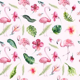 tropical isolated seamless pattern with flamingo. watercolor tropic drawing, rose bird and greenery palm tree, tropic green texture, exotic flower. aloha collection