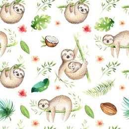 baby animals sloth nursery isolated seamless pattern. watercolor boho tropical drawing, child tropical drawing cute palm tree leaves, tropic green texture,exotic flower. aloha backgraund