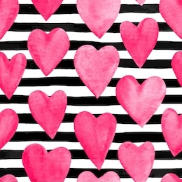 beautiful seamless background. pink watercolor hearts on horizontal ink black and white stripes. design greeting card and invitation of the wedding, birthday, valentine s day, mother s day and holiday