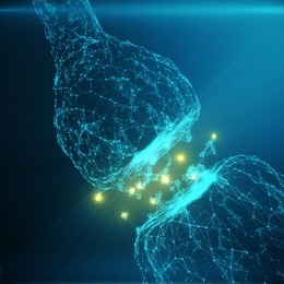 blue glowing synapse. artificial neuron in concept of artificial intelligence. synaptic transmission lines of pulses.abstract polygonal space low poly with connecting dots and lines, 3d rendering