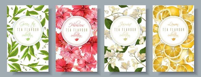 vector popular tea flovour vertical banners set. green tea, hibiscus, jasmine, lemon. design for packaging, drink menu and tea products. can be used as summer background
