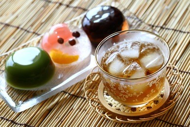roasted barley tea and japanese confectionery,japanese soft sweet bean jelly