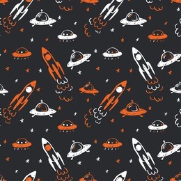 vector spaceship seamless cartoon pattern. colored hand drawn pattern with ufo, rocket and stars for paper, textile, handmade decoration, scrap-booking, polygraphy, t-shirt, cards.