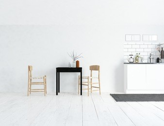 white kitchen room interior. scandinavian interior design. 3d illustration