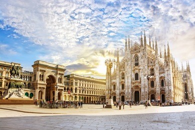 cathedral duomo di milano and vittorio emanuele gallery in square piazza duomo at sunny morning, milan, italy.