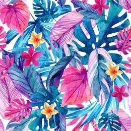 watercolor exotic leaves and flowers background. water color tropical floral painting seamless pattern. hand painted colorful natural illustration for modern design