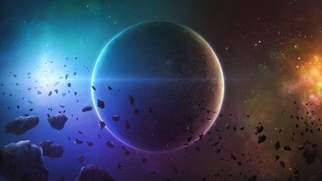 a planet in outer space surrounded by asteroids. 3d digital illustration