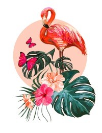 beautiful floral exotic vector illustration with pink flamingo, tropical leaves, hibiscus. isolated on white background