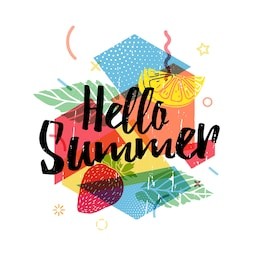 design print for summer season. abstract  background with silhouettes fruit, lemon, strawberry and mint, geometric particle. text hello summer on grunge modern texture backdrop.  vector