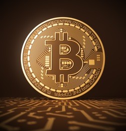 virtual coin bitcoin on printed circuit board. 3d illustration.
