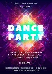 dance party poster vector background template with particles, plexus lines, highlight and modern geometric shapes in pink and blue colors. music event flyer or banner abstract