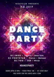 dance party poster vector background template with particles, plexus lines, highlight and modern geometric shapes in pink and blue colors. music event flyer or banner abstract
