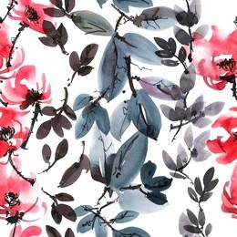 watercolor and ink illustration of red flowers. sumi-e, u-sin painting. seamless pattern.
