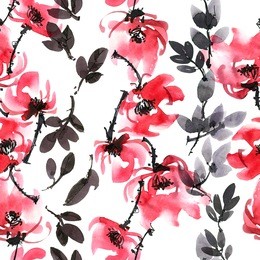 watercolor and ink illustration of red flowers. sumi-e, u-sin painting. seamless pattern.