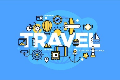thin line flat design banner for travel web page, holiday trip planning, travel destination, tour organization. modern vector illustration concept of word travel for website and mobile website banners