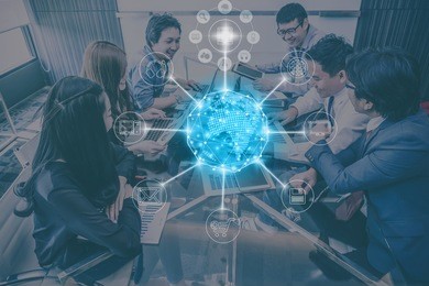 group of asianbusiness people in casual suit working and meeting with happiness action for online shopping with omni channel in the modern office, people business group concept