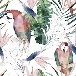 tropical seamless pattern with parrots, protea and leaves. watercolor summer print. exotic hand drawn illustration
