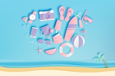 beach things paper art style with ocean background vector illustration