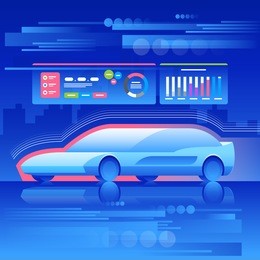 car of the future concept. connection with the city and infrastructure. vector illustration. blue background.