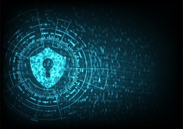 cyber security concept: shield with keyhole icon on digital data background. illustrates cyber data security or information privacy idea. blue abstract hi speed internet technology.