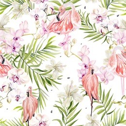 bright colorful watercolor pattern with leaves of palms and monsters. hibiscus flowers and flamingo bird. illustration