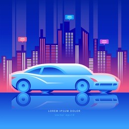 car of the future concept. connection with the city and infrastructure. vector illustration. blue background.