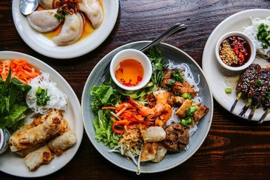 fresh healthy vietnamese asian vermicelli noodle salad bowl with shrimp and vegetables