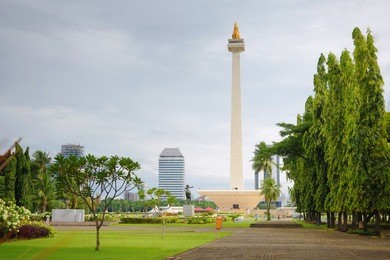 jakarta national monument, or monas, symbol of national independence, at merdeka square, in jakarta, java island, indonesia
